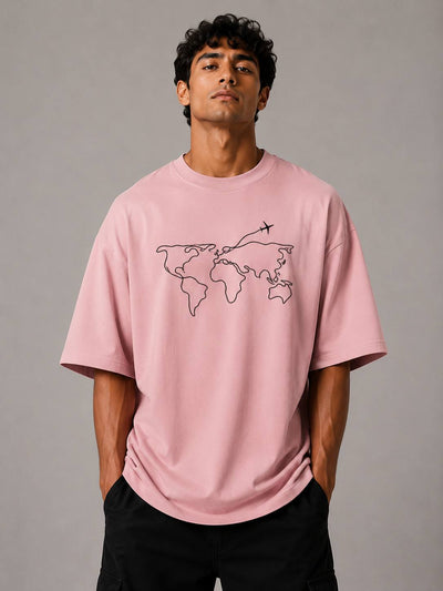 Zellee Men's Oversized T-Shirt with Embroidered World Map