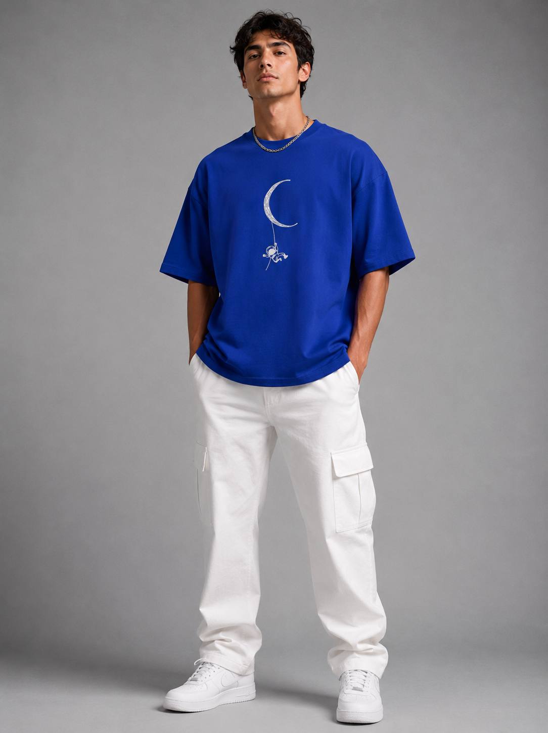 Zellee Minimalist Line-Art Moon Embroidered Relaxed T-Shirt