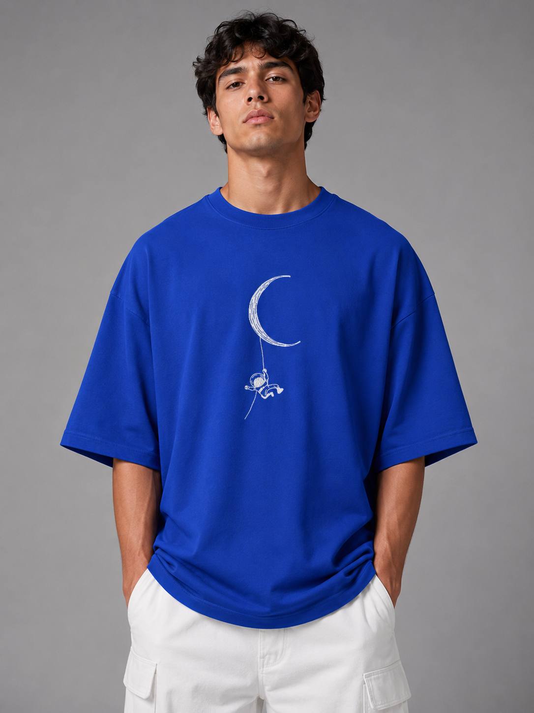Zellee Minimalist Line-Art Moon Embroidered Relaxed T-Shirt