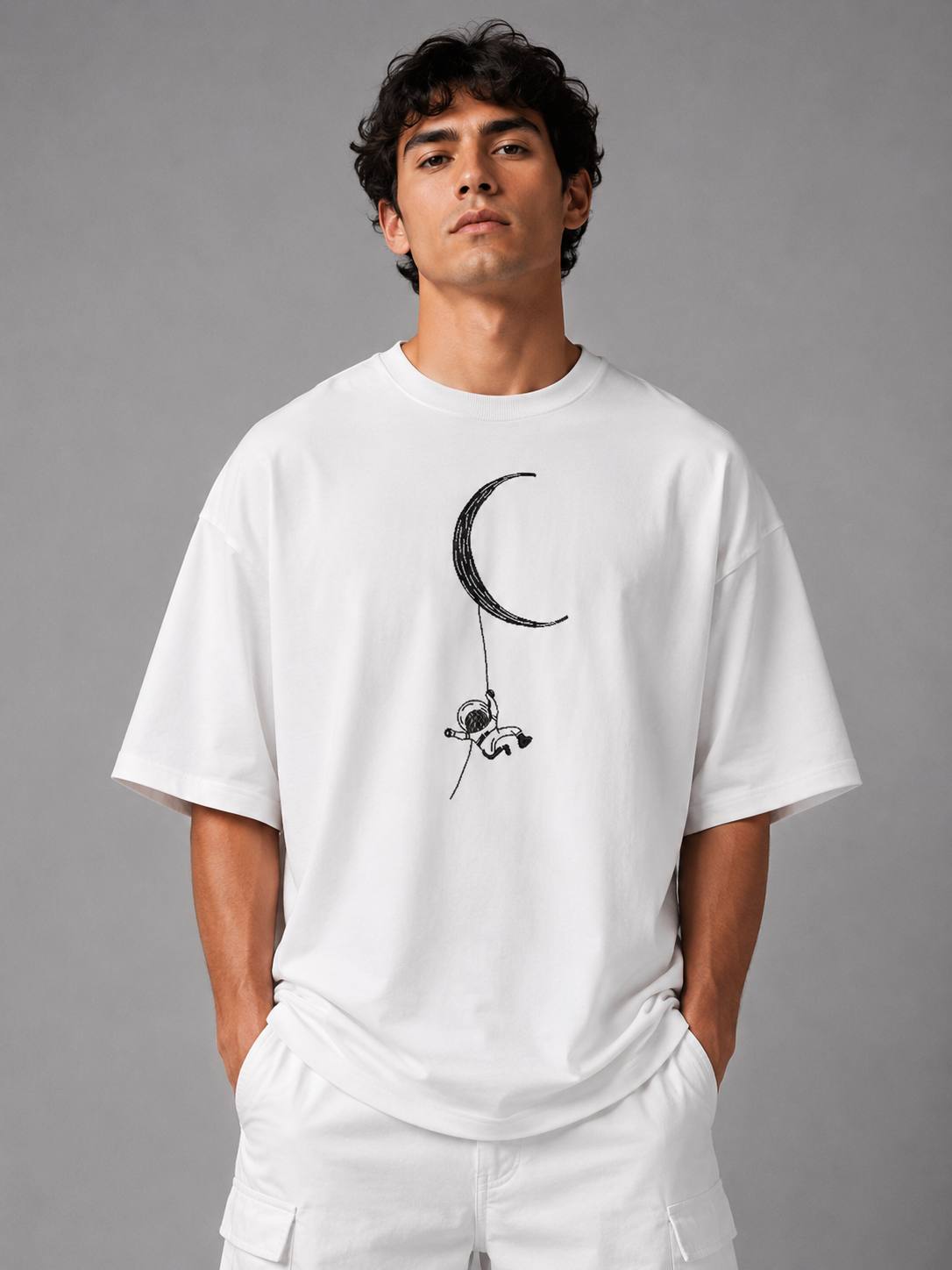 Zellee Minimalist Line-Art Moon Embroidered Relaxed T-Shirt