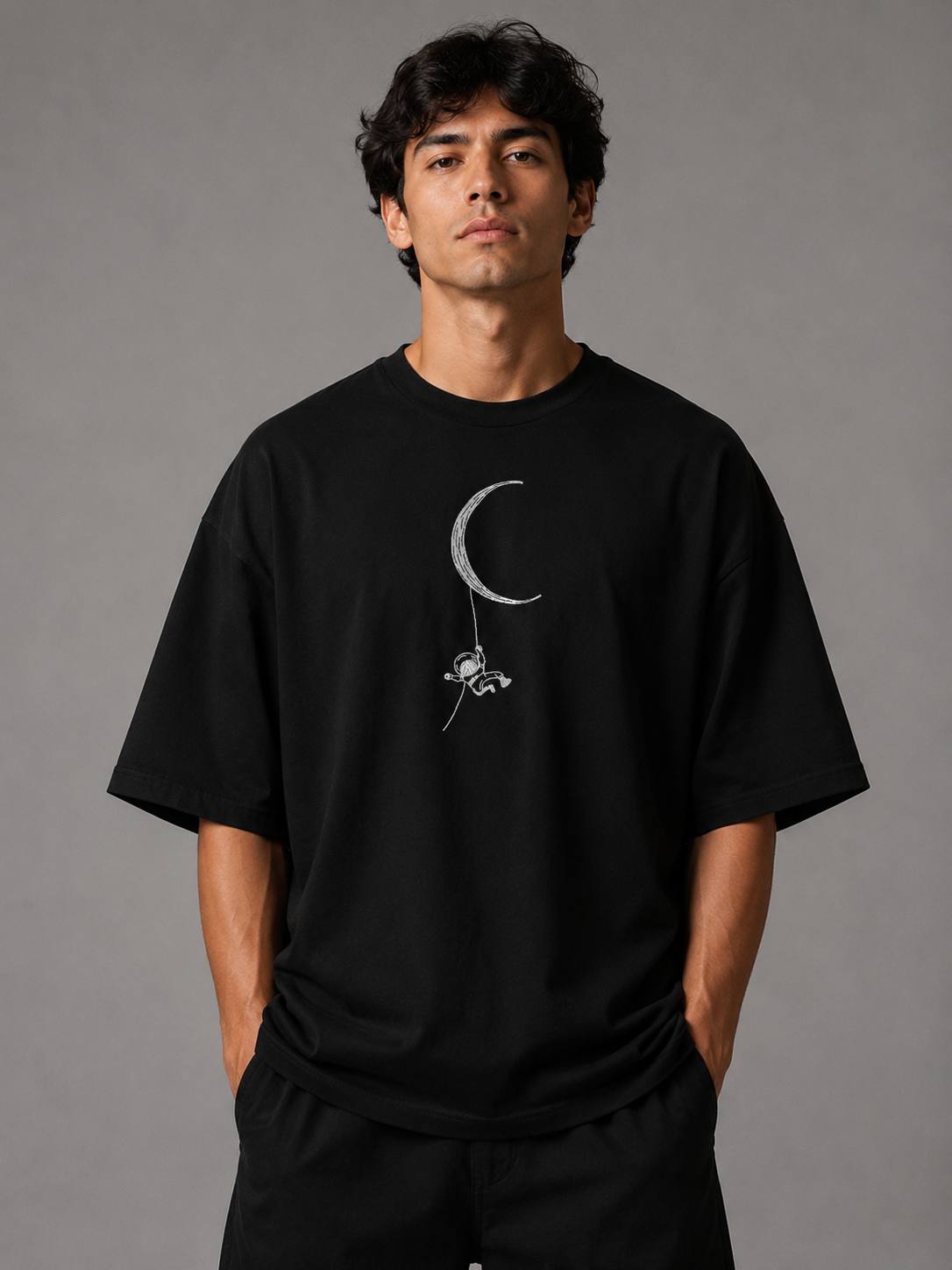 Zellee Minimalist Line-Art Moon Embroidered Relaxed T-Shirt