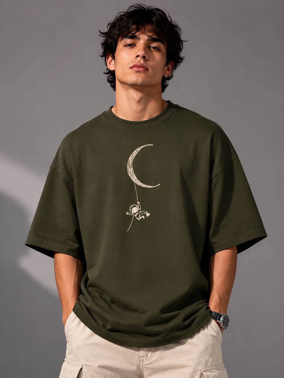 Zellee Minimalist Line-Art Moon Embroidered Relaxed T-Shirt