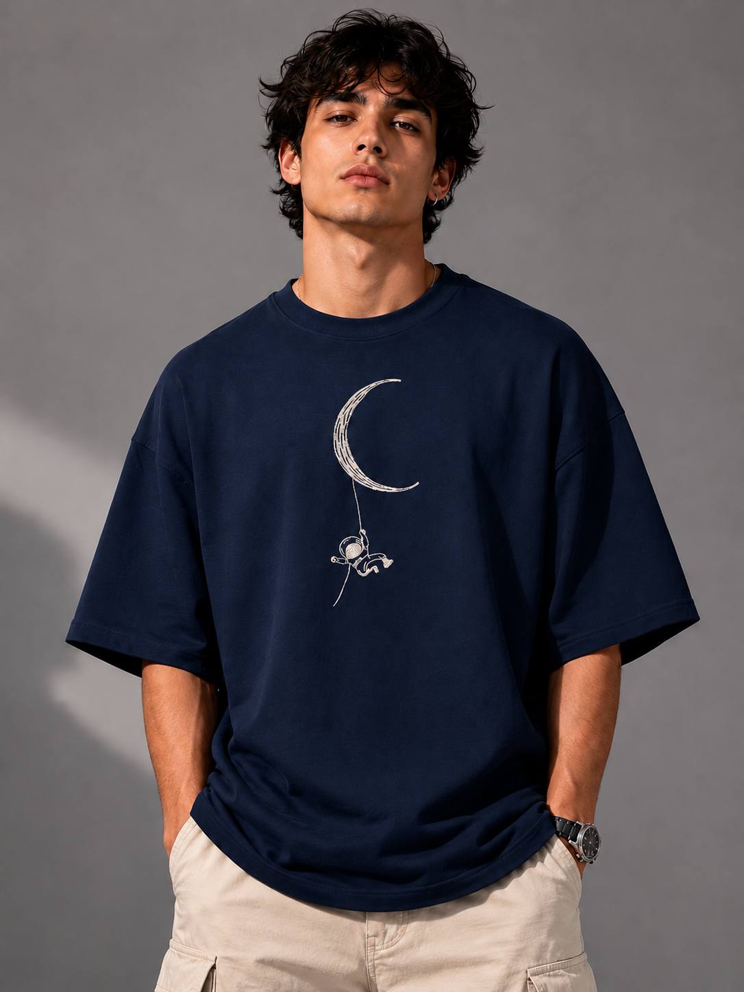 Zellee Minimalist Line-Art Moon Embroidered Relaxed T-Shirt