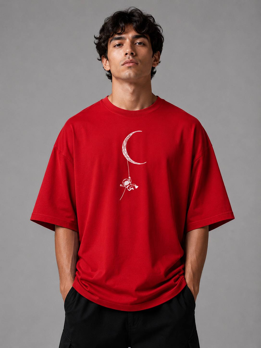 Zellee Minimalist Line-Art Moon Embroidered Relaxed T-Shirt