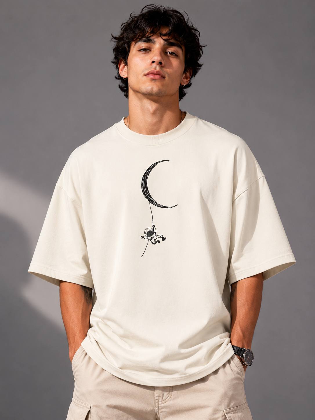 Zellee Minimalist Line-Art Moon Embroidered Relaxed T-Shirt