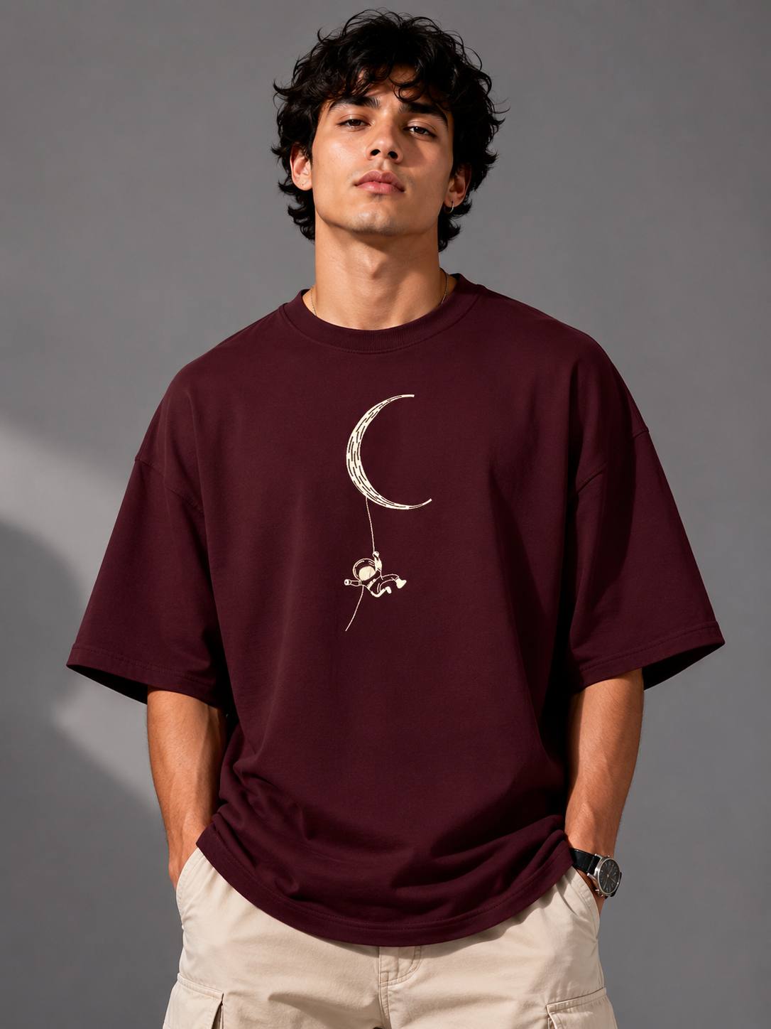 Zellee Minimalist Line-Art Moon Embroidered Relaxed T-Shirt
