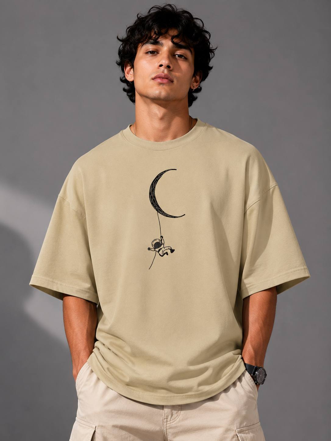 Zellee Minimalist Line-Art Moon Embroidered Relaxed T-Shirt