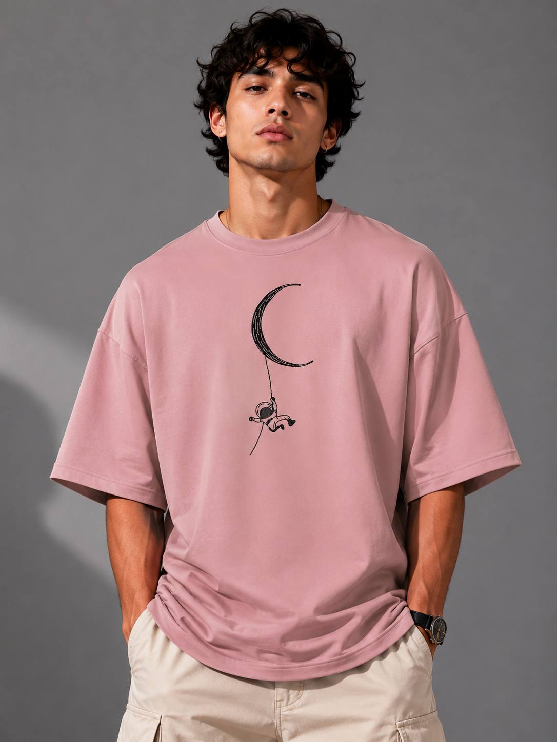 Zellee Minimalist Line-Art Moon Embroidered Relaxed T-Shirt