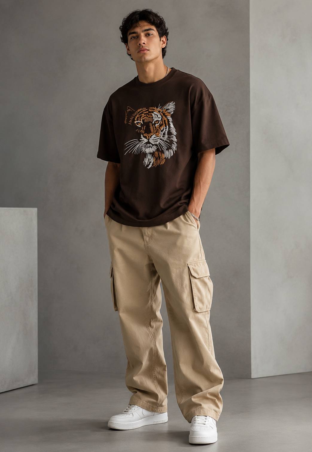 Zellee "Stitch-Art Tiger" Heavyweight Oversized Relaxed Fit T-Shirt