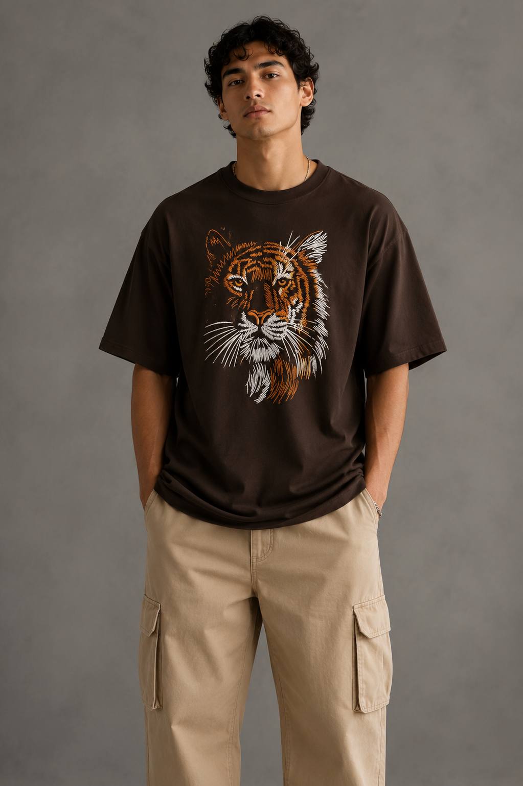 Zellee "Stitch-Art Tiger" Heavyweight Oversized Relaxed Fit T-Shirt