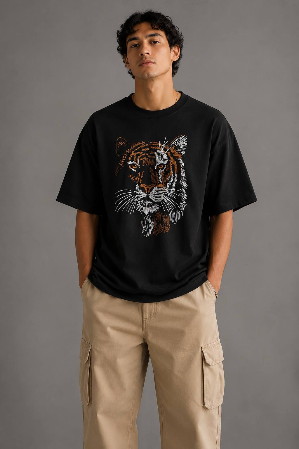 Zellee "Stitch-Art Tiger" Heavyweight Oversized Relaxed Fit T-Shirt