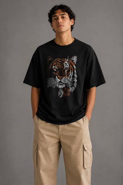 Zellee "Stitch-Art Tiger" Heavyweight Oversized Relaxed Fit T-Shirt
