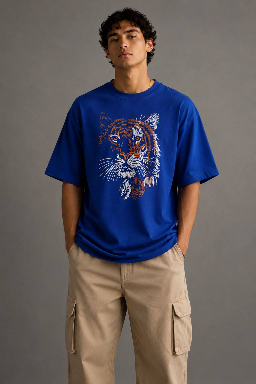 Zellee "Stitch-Art Tiger" Heavyweight Oversized Relaxed Fit T-Shirt