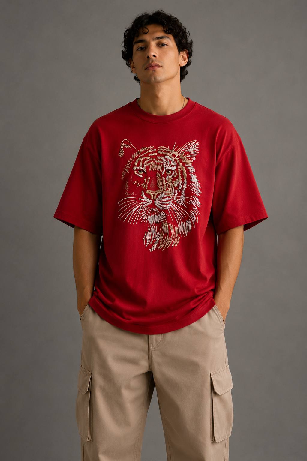 Zellee "Stitch-Art Tiger" Heavyweight Oversized Relaxed Fit T-Shirt
