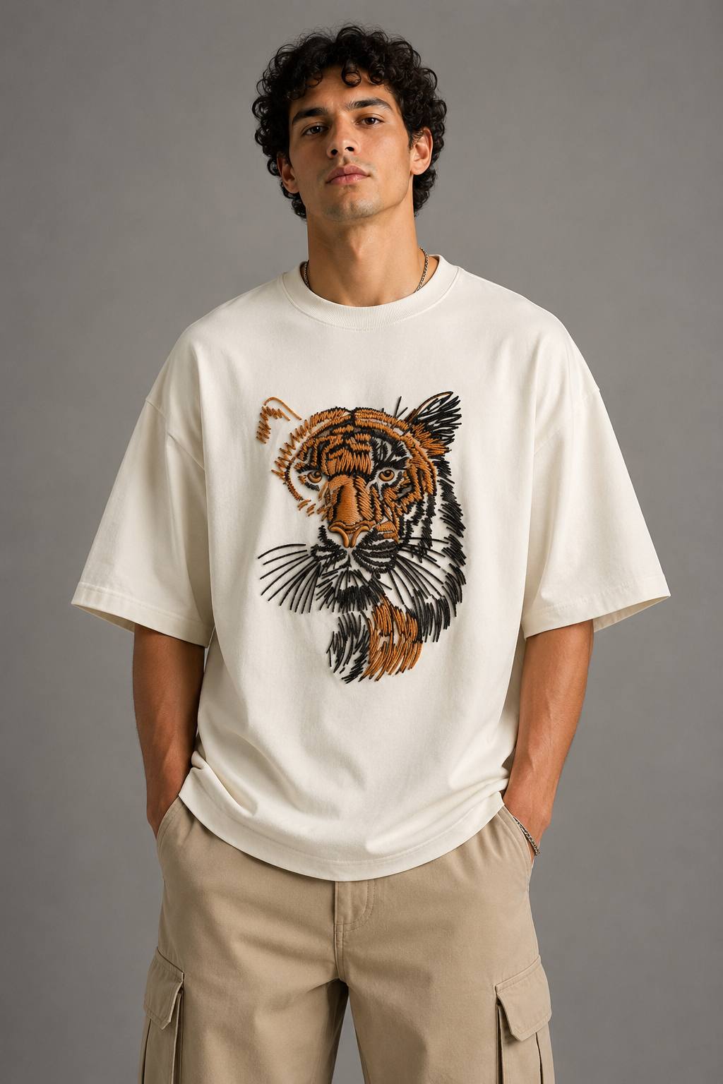 Zellee "Stitch-Art Tiger" Heavyweight Oversized Relaxed Fit T-Shirt