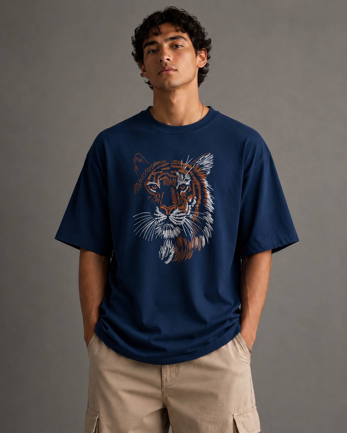 Zellee "Stitch-Art Tiger" Heavyweight Oversized Relaxed Fit T-Shirt