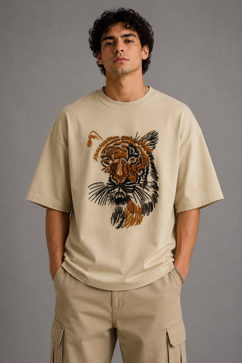 Zellee "Stitch-Art Tiger" Heavyweight Oversized Relaxed Fit T-Shirt