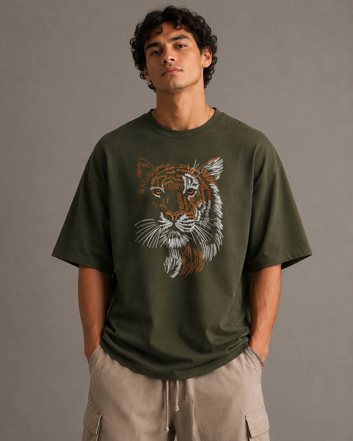 Zellee "Stitch-Art Tiger" Heavyweight Oversized Relaxed Fit T-Shirt