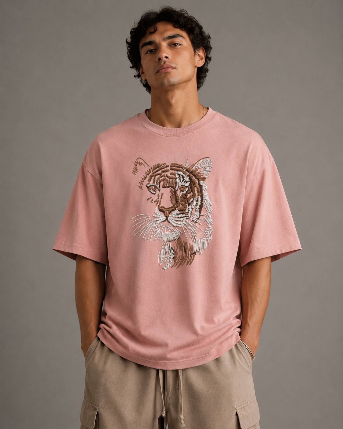 Zellee "Stitch-Art Tiger" Heavyweight Oversized Relaxed Fit T-Shirt