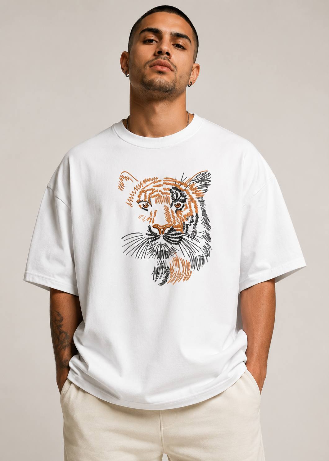 Zellee "Stitch-Art Tiger" Heavyweight Oversized Relaxed Fit T-Shirt