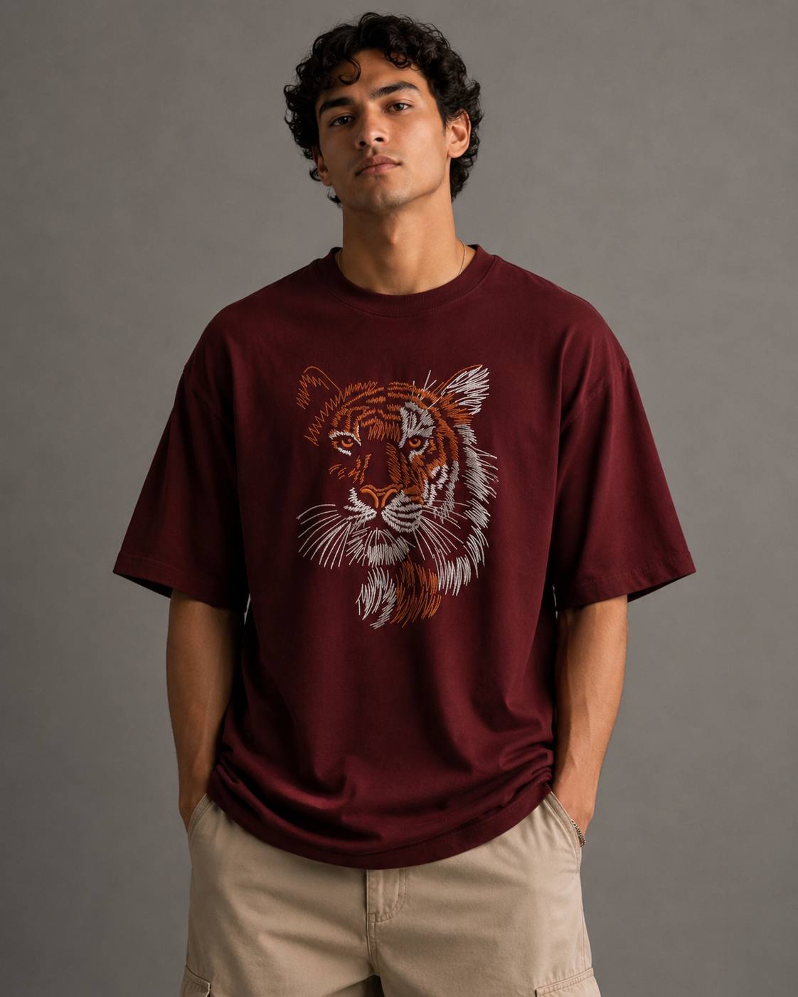 Zellee "Stitch-Art Tiger" Heavyweight Oversized Relaxed Fit T-Shirt