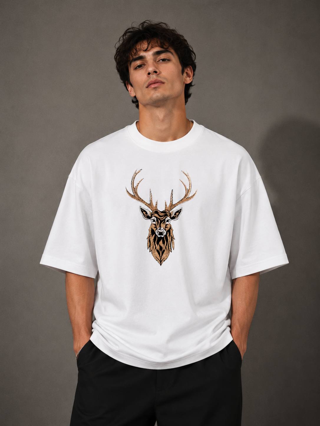 Zellee "Majestic Stag" High-Density Embroidered Oversized Relaxed Fit T-Shirt