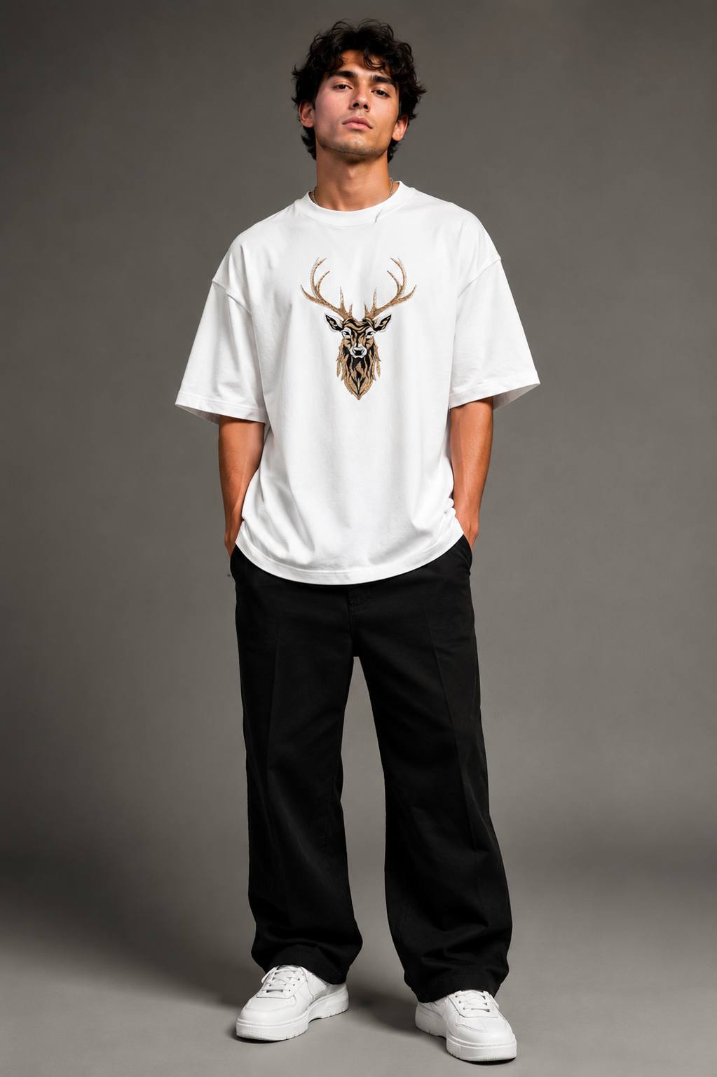 Zellee "Majestic Stag" High-Density Embroidered Oversized Relaxed Fit T-Shirt