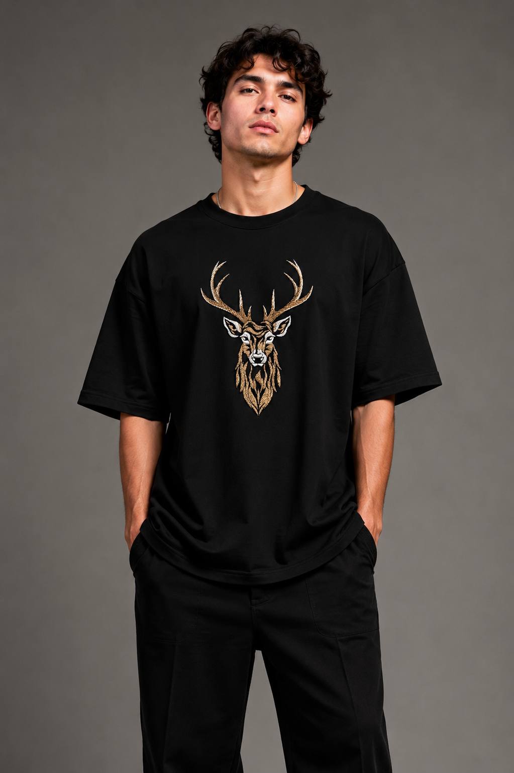 Zellee "Majestic Stag" High-Density Embroidered Oversized Relaxed Fit T-Shirt