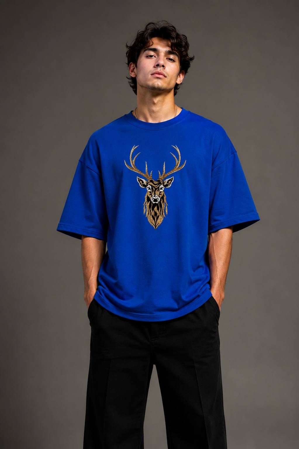 Zellee "Majestic Stag" High-Density Embroidered Oversized Relaxed Fit T-Shirt
