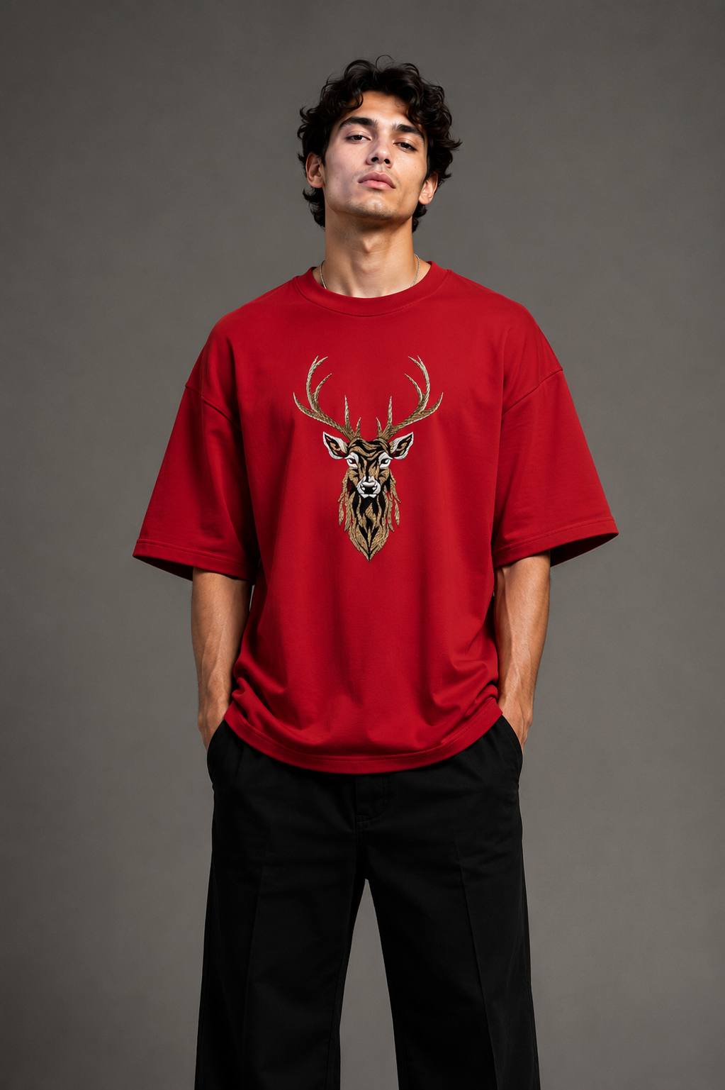 Zellee "Majestic Stag" High-Density Embroidered Oversized Relaxed Fit T-Shirt