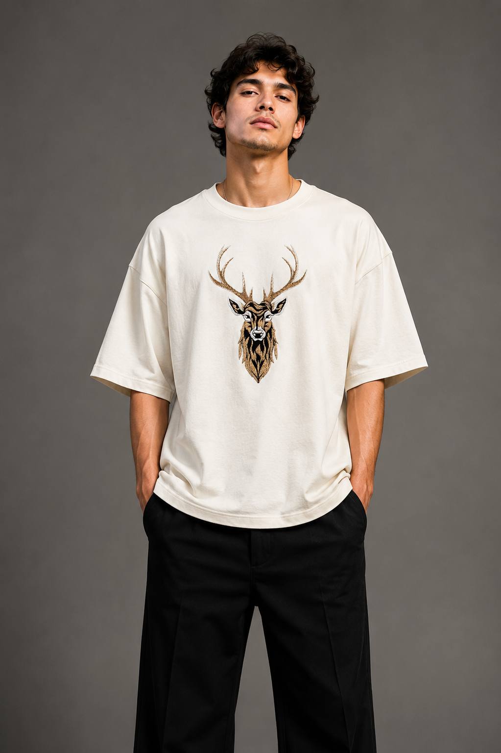 Zellee "Majestic Stag" High-Density Embroidered Oversized Relaxed Fit T-Shirt