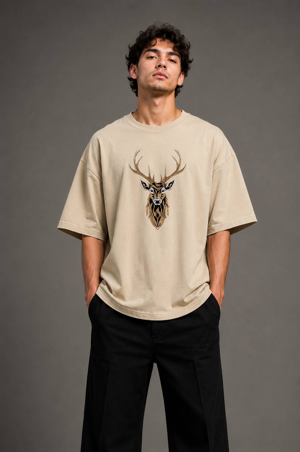Zellee "Majestic Stag" High-Density Embroidered Oversized Relaxed Fit T-Shirt