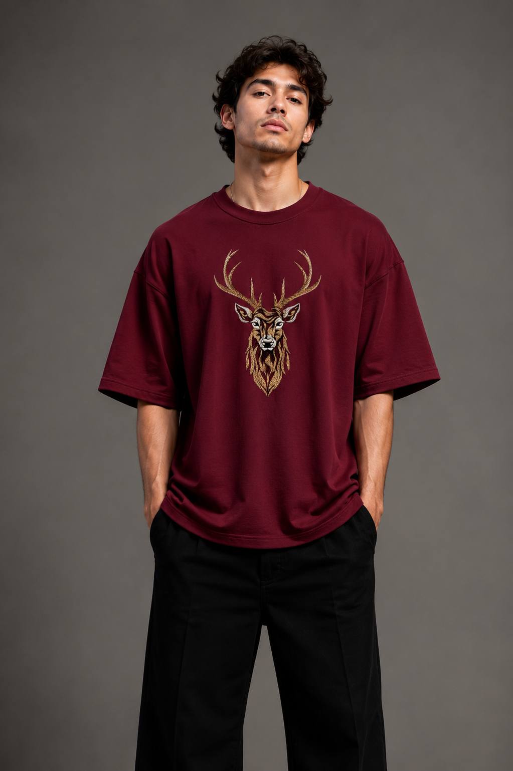 Zellee "Majestic Stag" High-Density Embroidered Oversized Relaxed Fit T-Shirt