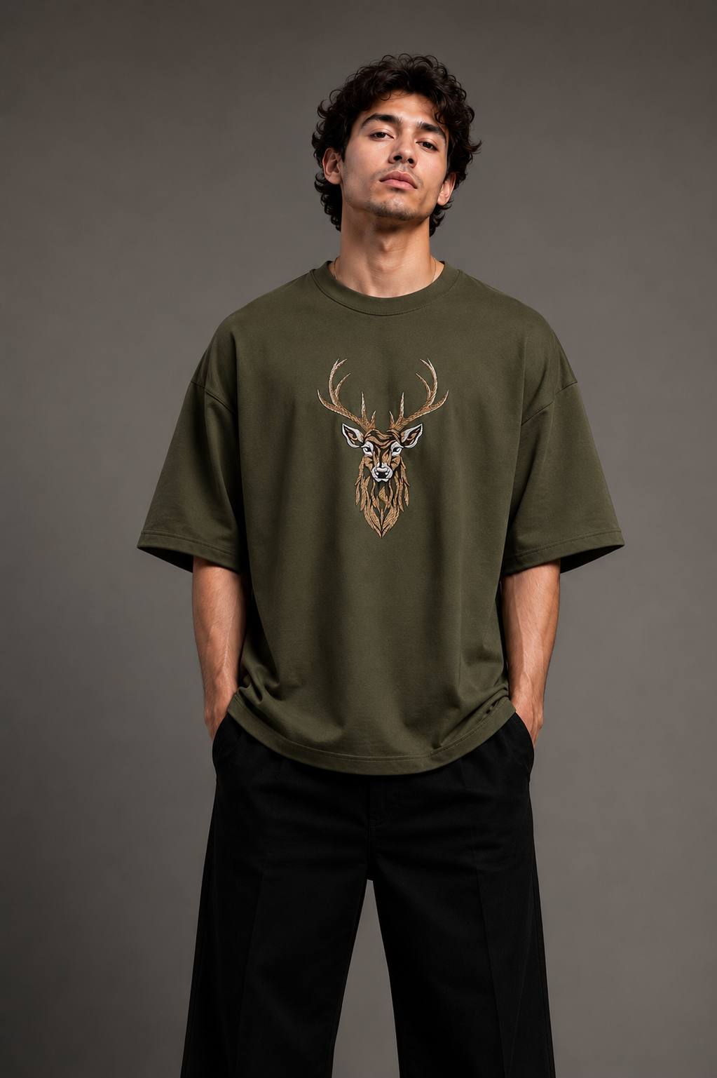 Zellee "Majestic Stag" High-Density Embroidered Oversized Relaxed Fit T-Shirt