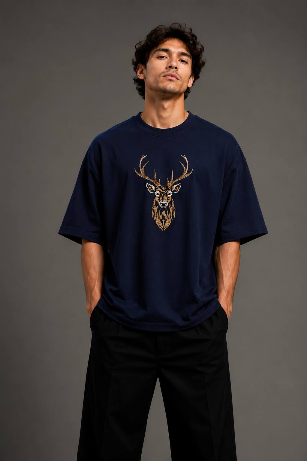 Zellee "Majestic Stag" High-Density Embroidered Oversized Relaxed Fit T-Shirt