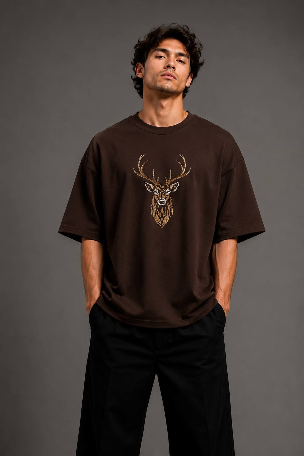 Zellee "Majestic Stag" High-Density Embroidered Oversized Relaxed Fit T-Shirt