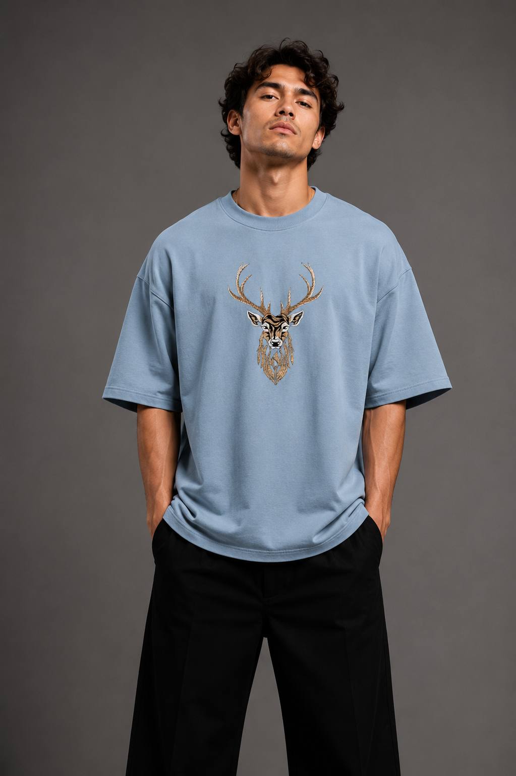 Zellee "Majestic Stag" High-Density Embroidered Oversized Relaxed Fit T-Shirt