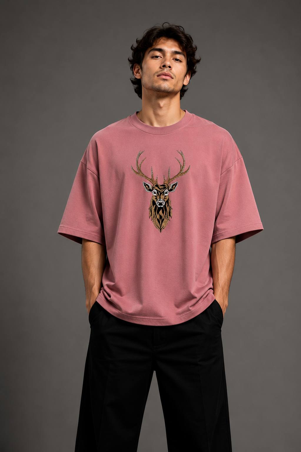 Zellee "Majestic Stag" High-Density Embroidered Oversized Relaxed Fit T-Shirt