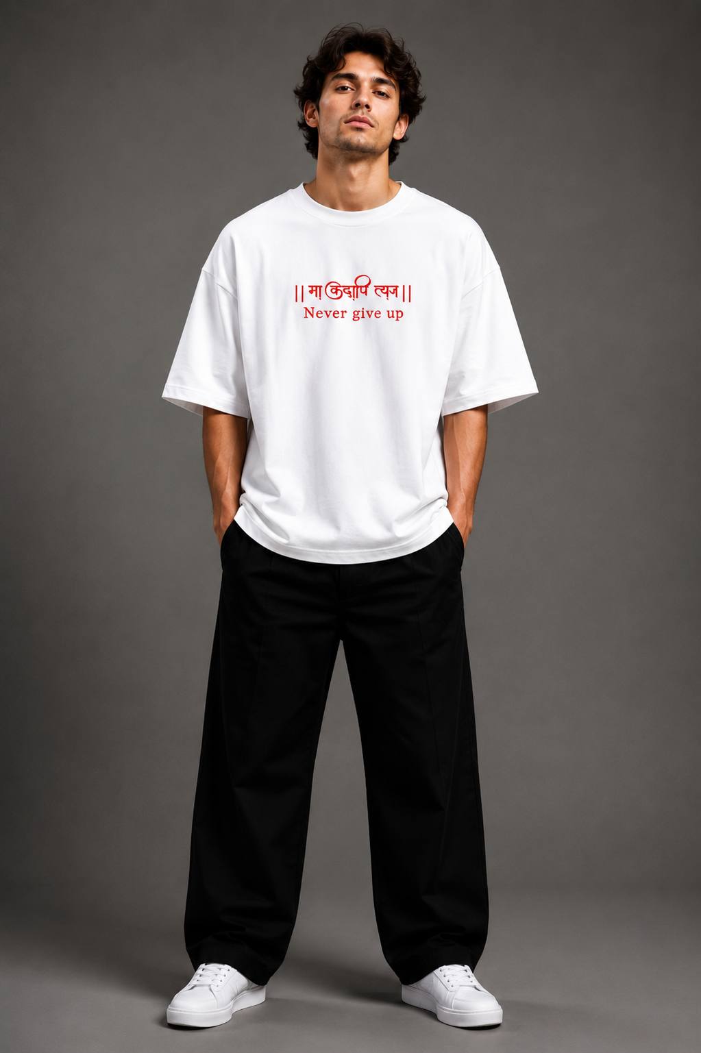 Zellee "Never Give Up" Sanskrit Embroidered Oversized Relaxed Fit T-Shirt