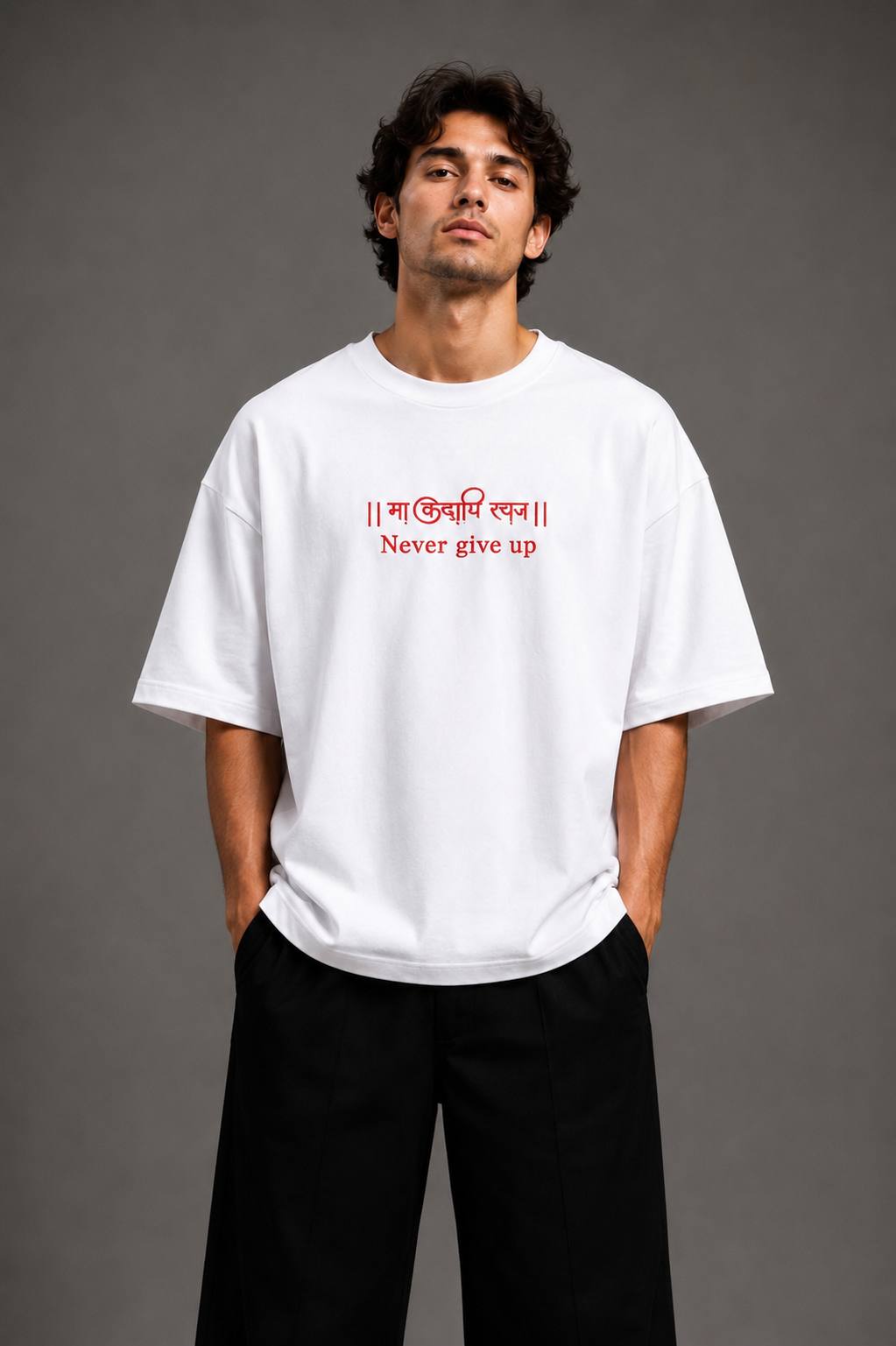 Zellee "Never Give Up" Sanskrit Embroidered Oversized Relaxed Fit T-Shirt