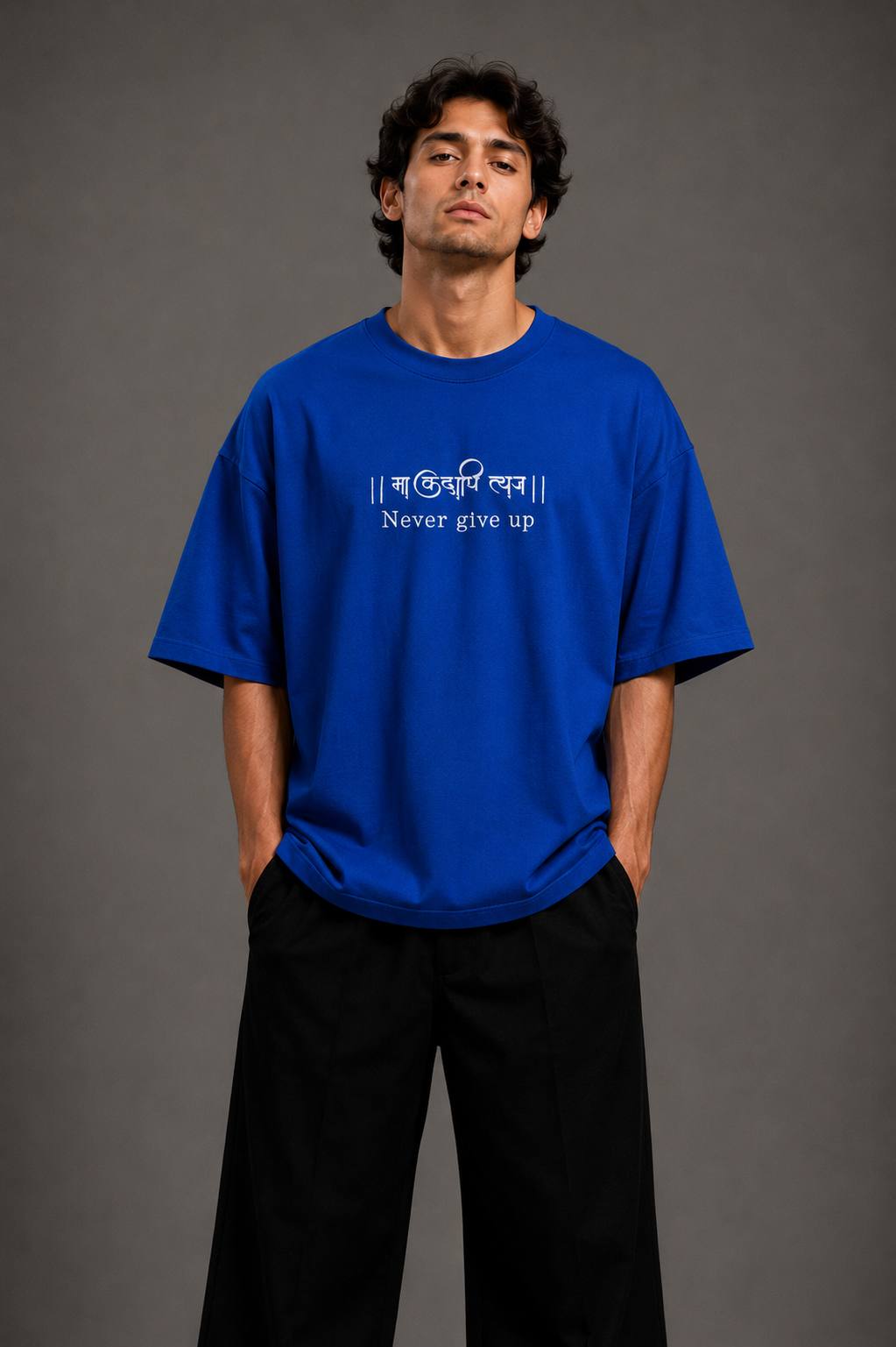 Zellee "Never Give Up" Sanskrit Embroidered Oversized Relaxed Fit T-Shirt