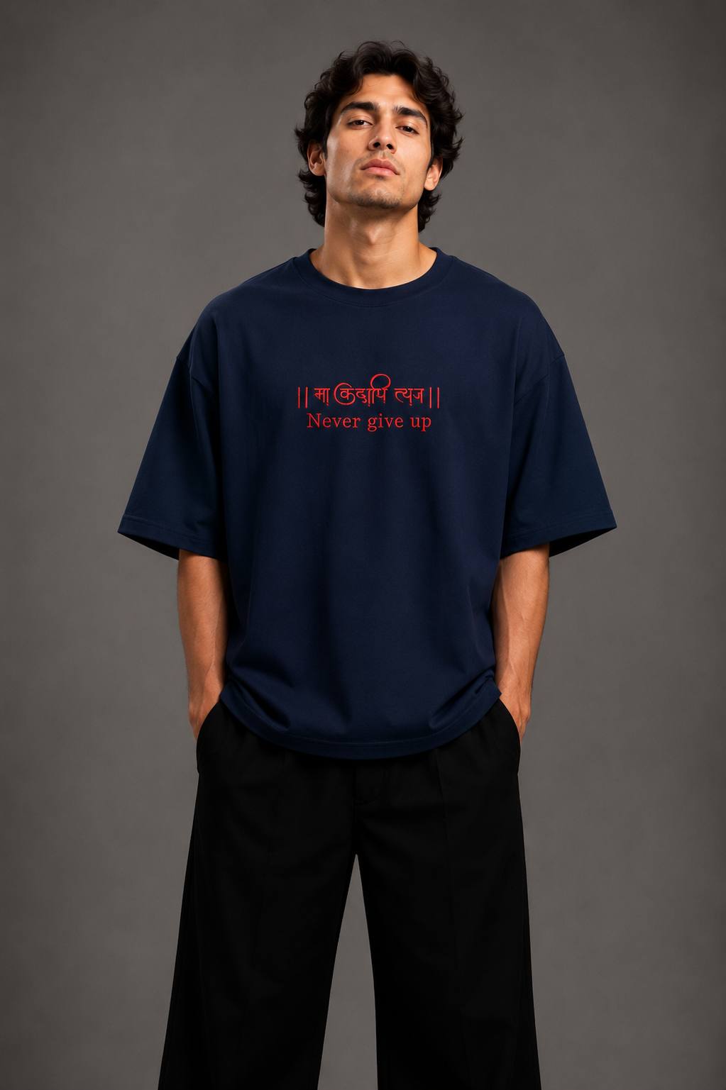 Zellee "Never Give Up" Sanskrit Embroidered Oversized Relaxed Fit T-Shirt