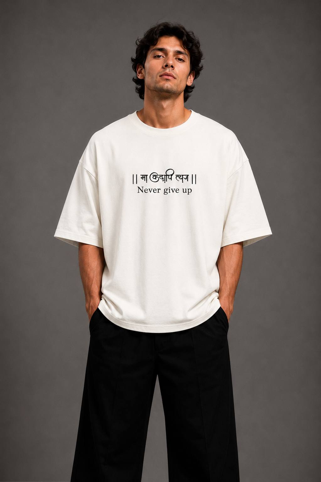 Zellee "Never Give Up" Sanskrit Embroidered Oversized Relaxed Fit T-Shirt