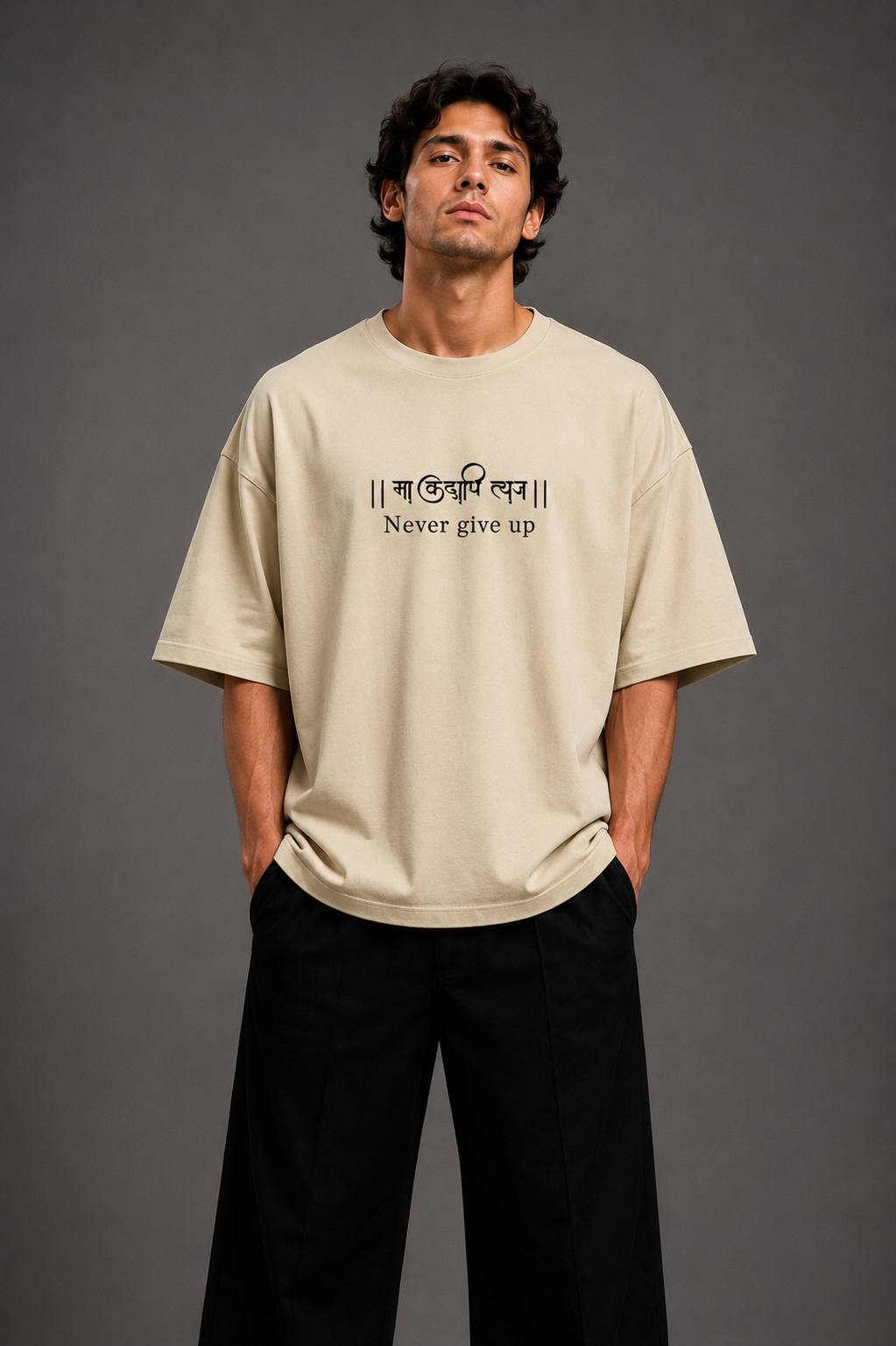 Zellee "Never Give Up" Sanskrit Embroidered Oversized Relaxed Fit T-Shirt