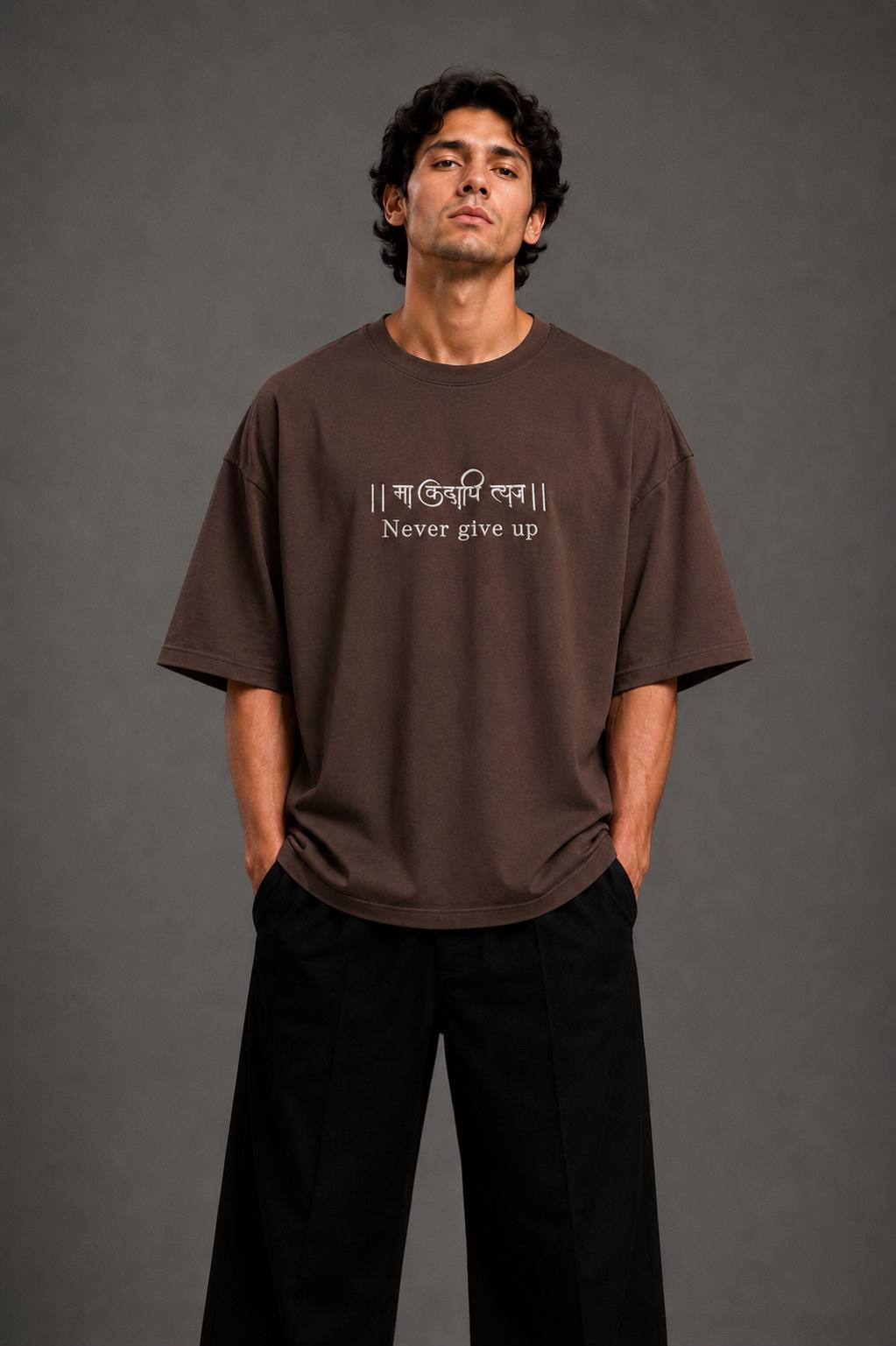 Zellee "Never Give Up" Sanskrit Embroidered Oversized Relaxed Fit T-Shirt
