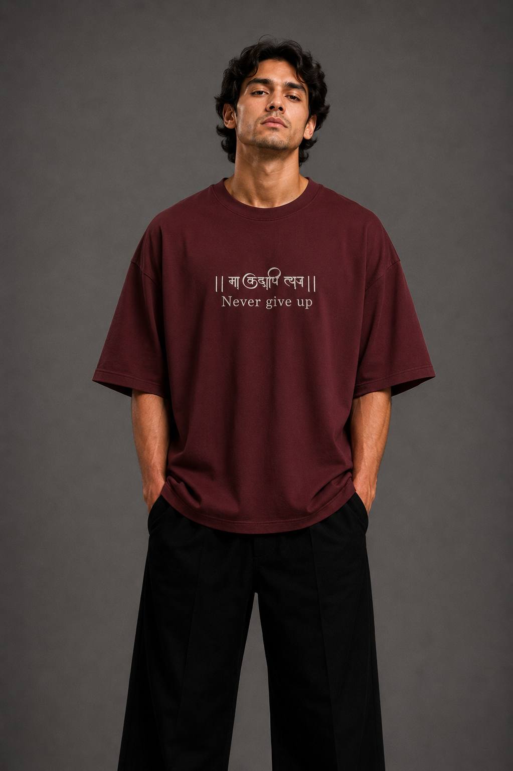 Zellee "Never Give Up" Sanskrit Embroidered Oversized Relaxed Fit T-Shirt