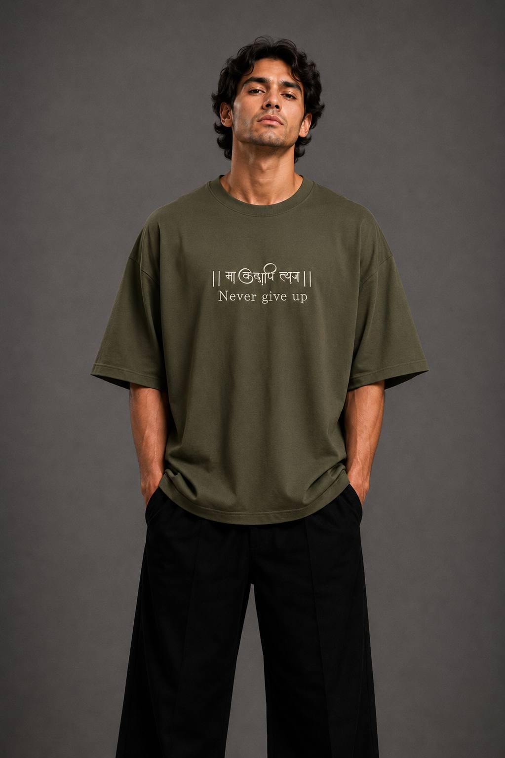 Zellee "Never Give Up" Sanskrit Embroidered Oversized Relaxed Fit T-Shirt