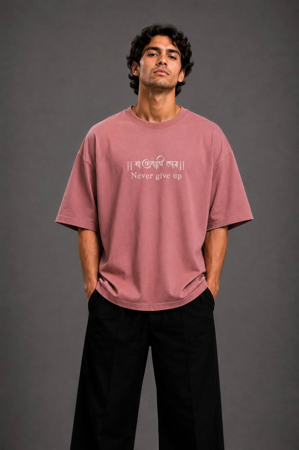 Zellee "Never Give Up" Sanskrit Embroidered Oversized Relaxed Fit T-Shirt