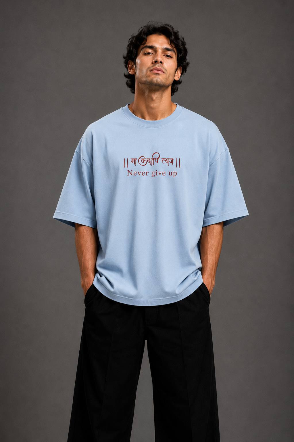 Zellee "Never Give Up" Sanskrit Embroidered Oversized Relaxed Fit T-Shirt