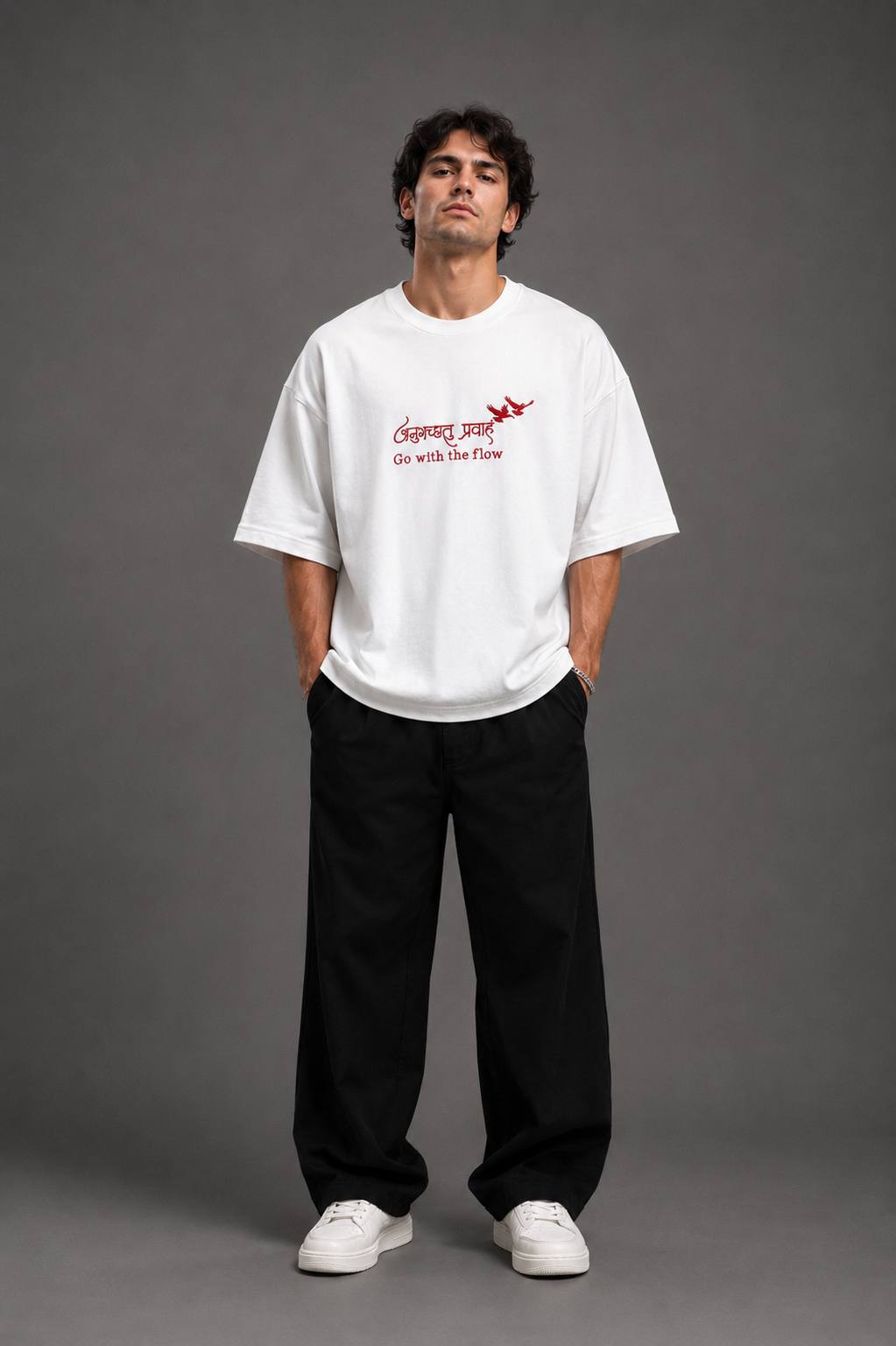 Zellee "Go With The Flow" Sanskrit Embroidered Oversized Relaxed Fit T-Shirt